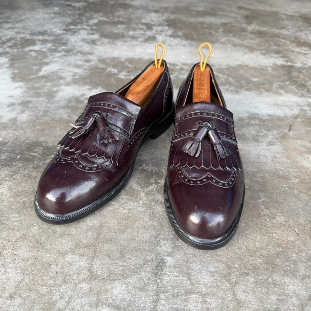 Vintage 90's Nunn Bush shiny leather wing tip tassel loafers shoes 9 1/2 W - Picture 4 of 7